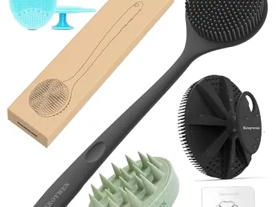KROYWEN Soft Silicone Back Scrubber Long Handle Bath Brush + Body Scrubber Bath Brush + Scalp Massager for Hair + Face Scrubber Brush, Combination Combo, Super-Exfoliating & Lather