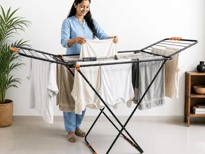 BonKaso Foldable Cloth Drying Stand for Drying Clothes, 3-Way Folding with 20 Drying Rails, Lightweight Alloy Steel, Flat Folding Design | Indoor & Outdoor Clothes Dryer Orange