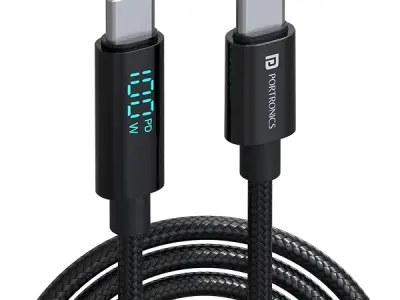 Portronics Konnect View 100W Type C to Type C Cable with LED Display with 5A Max Output, Fast Data Sync, 2M Length, Tangle Resistance supports Laptop Charging(Black)