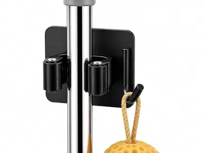 PENADIA Adhesive Mop Holder and Broom Holder Wall Mounted | Heavy Duty Mop & Broom Organizer with Hooks | No Drill Wall Storage Rack for Kitchen, Bathroom & Garage | Black | Pack o