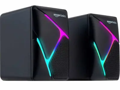 amazon basics 2 X 3W Multimedia PC Gaming Speaker with Aux Connectivity, USB Support, Volume Control, and RGB Lights