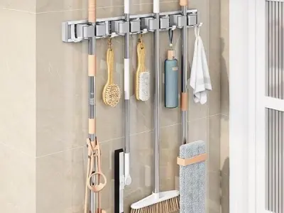 Ash & Roh Space Aluminum Mop & Broom Holder Wall Mount – Heavy Duty Organizer Rack with Non-Slip Rubber Grip, Rustproof Waterproof Storage for Kitchen, Bathroom, Garage (4 Mop Hold