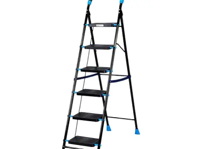 Amazon Basics Curvo-Foldable Step Ladder, Ribbed Steps, Knee Guard, Non-Marring PVC Shoes, 6 Steps (Black & Blue)