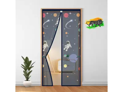 LifeKrafts Polyester Door Mosquito Net with Magnets | Color Planet Theme with Dark Blue Backgro