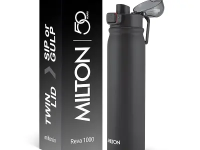 MILTON Reva 1000 ISI Certified Stainless Steel Water Bottle with Twin Lid Sip or Gulp, 1 Litre | Single Wall, BPA-Free, Leakproof | Sturdy Handle | Ideal for Home, Office, Gym & Tr