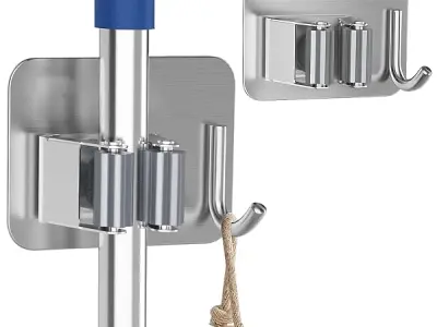 SITTELLA® 2 Pieces Stainless Steel 1 Rack with 1 Hook Heavy Duty Wall Mounted Broom and Mop Stick Holder, Hanging Tools for Home Kitchen Garden Laundry Garage (Silver)