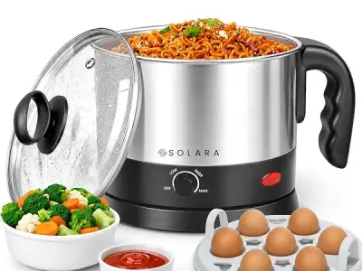 SOLARA Electric Kettle Multipurpose 1.5 Litre, 600 Watts, Stainless Steel Body with Glass Lid, 3 Boiling Modes, for Hot Water, Milk, Tea, Coffee, Cooking Oats, Noodles, Soup, Egg B