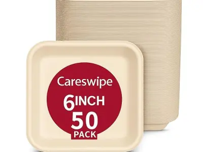 Careswipe Disposable Paper Plates 6 inch, 50 Count, Square, Beige | Eco-Friendly Sugarcane Plates for Wedding, Party, Cafes | Ideal for Both Hot & Cold Food