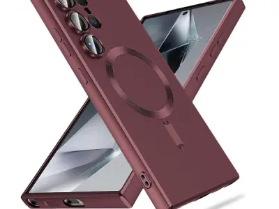 DIZORO Samsung S25 Ultra Case, Compatible with Mag Safe, Matte Luxury Metallic Luster Flexible TPU Wireless Charging Shockproof Case with Camera Protector (Wine Red.)