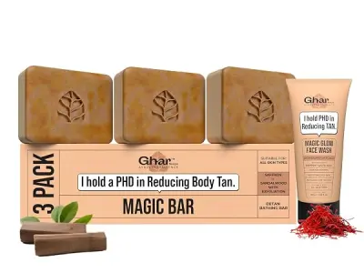 Ghar Soaps Magic De-Tan Face Wash & Sandalwood Saffron Bath Soap Combo Pack of 3 | With Sandalwood, Saffron & Glutathione | Tan Removal, Skin Brightening & Glowing Skin | Handmade