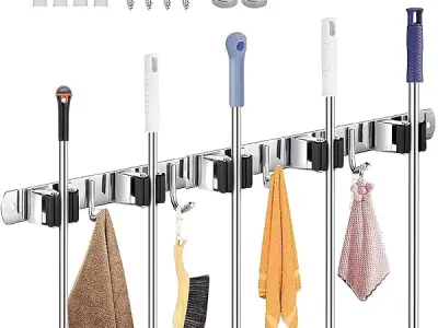 Kienlix Broom Mop Holder Wall Mount Stainless Steel Wall Mounted Storage Organizer Heavy Duty Tools Hanger For Kitchen Bathroom Closet Garage Office Garden-1Pc (5 Rack 6 Hook), Han