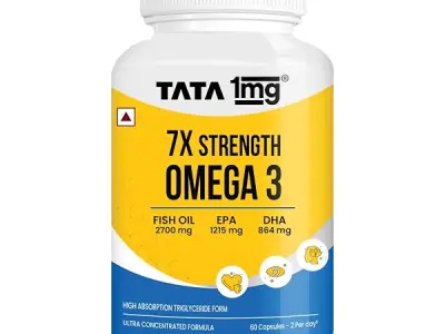 Tata 1mg 7X Strength Omega 3 Fish Oil 2700 mg | High Absorption Triglyceride Form | 1215 mg EPA + 864 mg DHA | With Vitamin E | Heart, Brain, Joint & Eye Health | 60 Softgel Capsul