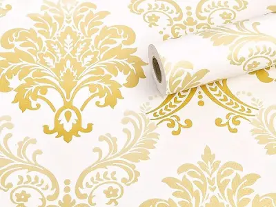 wolpin Floral Damask Self Adhesive Wallpaper (45 x 500 CM, Gold) | DIY Wall Sticker for Living Room, Hall, Sofa Background | PVC Peel & Stick Home Interior Decoration Sheet in Gold
