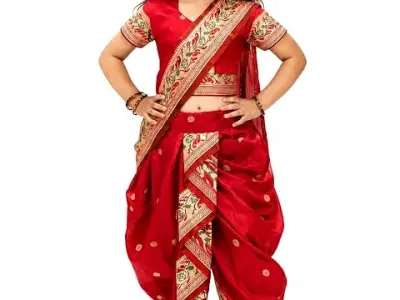 Cron Kids Traditional Turquoise Nauvari Saree, Ready to Wear Ethnic Indian Marathi Silk Blend Saree with Decorative Border for Girls, Maroon and Turquoise