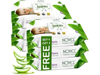 Novel Baby Wet Wipes 80 Wipes x Pack of 6 (480 Wipes) | Aloe Vera, Chamomile, Vitamin E Enriche