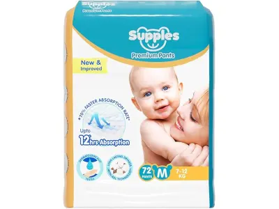 Amazon Brand - Supples Premium Baby Diaper Pants | 72 Baby Diapers | Medium | 7-12 Kg | 12 Hrs