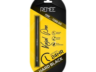 RENEE Hard Black Kajal Pen with Sharpener | 24 Hrs Stay | Long Lasting | Super Black Kajal Pencil | Matte Finish & Rich Color Payoff | Smudge & Water Proof | One Swipe Application