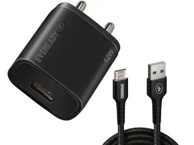 Eveready 12W Compact Charger,Lightweight Design,BIS Certified,Complete Protection Against Overvoltage & Overload at Output,Universal Compatibility (Cable Included) Black