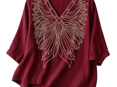 RIEKA Women's Embroidered Top for Women, Maroon V Neck Rayon, 3/4 Sleeve Casual Loose Fit Tunic, Boho Blouse for Women, Korean Style
