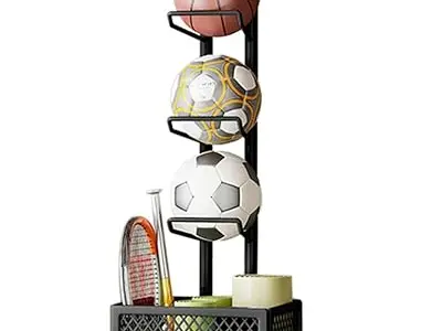 RAGRO Portable 4-Tier Sports Ball Rack & Storage Stand with Basket | Freestanding Sports Equipment Organizer, For Basketball, Football, Volleyball, Bats & More, Garage Organizer St