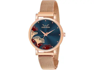 LOUIS DEVIN Rose Gold Plated Mesh Chain Analog Wrist Watch for Women (Black/Blue/Rose Gold Dial