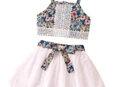 Ashikta Enterprise Girls Polyester Floral Print Slim Fit Blouse Print Fit & Flared Dress for Crop Top and White Lace Skirt Set