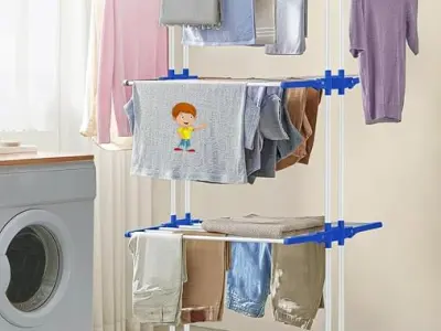 FLIPZON Premium 3 Layer Clothes Drying Stand with Wheels | Foldable Wings | Double Pole Alloy Steel Rack | 360° Rotatable Hanger Rods | Portable Balcony Laundry Dryer (White & Blue