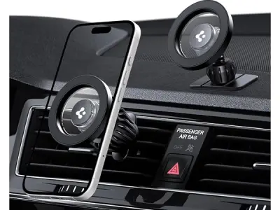 Spigen Magnetic Air Vent & Dashboard Car Mount - Black | Super Strong Magnetic Air Vent & Dashboard Car Mount (MFT13) with Magnetic Ring for iPhone & Samsung Galaxy Series