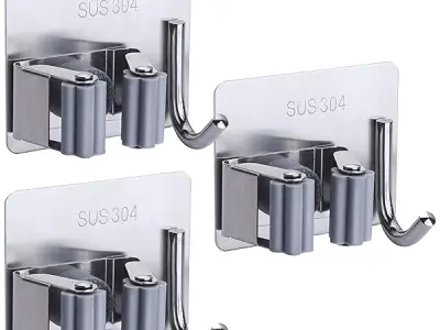 Shynora (3-Pack Self Adhesive Mop and Broom Holder Wall Mounted (No Drilling Required) Broom - Mop Stick Holder Stand and Organizer | Wiper Holder on Wall | SUS-304 (Grey Colour)