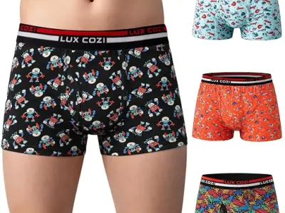 Lux Cozi 100% Cotton Outer Elastic Semi Long Print Trunk for Boys | Color & Prints May Vary |Pack of 4