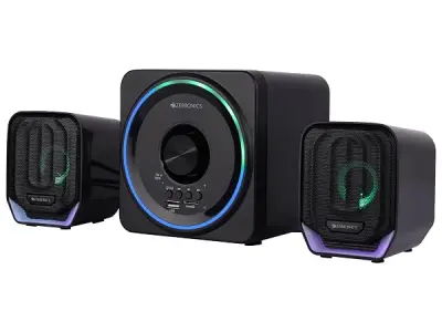 ZEBRONICS Pluto 2-2.1 Channel Desktop Speaker with 15 watts Output, Bluetooth 5.0, USB, mSD, FM, 3.5mm Jack Line Input, Inbuilt Volume Control, USB Powered, RGB Lights