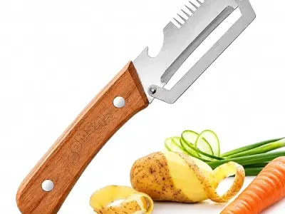 ComSaf Vegetable Peeler with Wooden Handle [Pack of 1] Stainless Steel Wide Blade Potato and Carrot Peeler, 3-in-1 Veggie Peeler with Scallion Shredder and Bottle Opener for Kitche