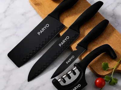 PARYO Kitchen Knife sharpner Set, 3 Piece with Covers,High Carbon Stainless Steel,for Cooking,Knives for Home Kitchen,Vegetable,Fruit & Meat Cutting and Slicing (Black,3 Knife Set+