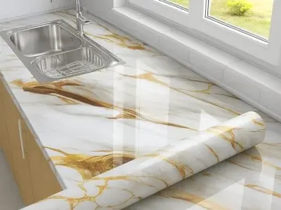 Premium Waterproof DIY Wallpaper & Wall Stickers for Home & Kitchen Countertop Furniture - Oil Proof Kitchen Stickers | Size(60x200cm) (White Gold)