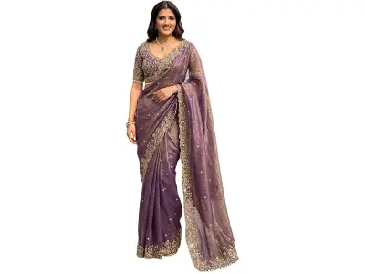 ORHANS Women's Organza Silk Saree with Unstitched Blouse Piece Heavy Embroidery Work and Floral