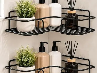 Oslen Pack of 2 No Drill Self Adhesive Bathroom Corner Shelf, Metal Wall Mounted Shower Storage Rack, Bathroom organiser without drill, Rust Proof Corner Rack for Bathroom & Kitche