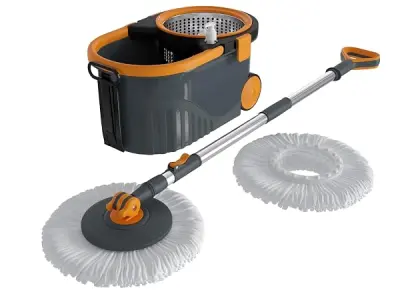 Bonkaso Spin Mop with Stainless Steel Wringer & Big Wheels | 360° Rotating Mop, Adjustable Handle | Easy Floor Cleaning Bucket Set with 2 Microfiber Refills – Grey & Orange (46 x 2