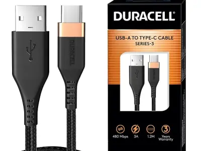 Duracell USB-A To Type C, 65W Braided Sync & Fast Charging Cable, 3.9 Feet (1.2M), QC 2.0/3.0 Ultra Fast Charging, For Samsung, Mi, Realme, OPPO, ONE PLUS, Seamless Data Transmissi