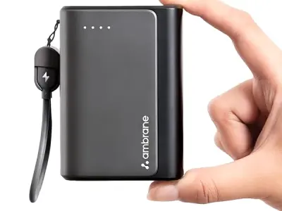 Ambrane 20000mAh 35W Fast Charging Small Pocket Size Powerbank, Hanging InBuilt Type C Cable, Type C PD & USB Output for iPhone, Android Mobiles & Other Devices (PowerMini 20, Blac