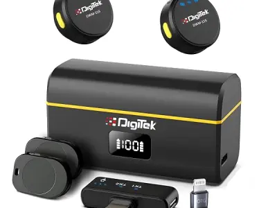 Digitek® (DWM-115 2-in-1 Wireless Microphone, 2.4GHz, Magnetic Clip, Noise Reduction Lavalier Mic, 40m Range, 6Hr Battery, 360° Sound Capture for iOS & Android, Ideal Video Recordi