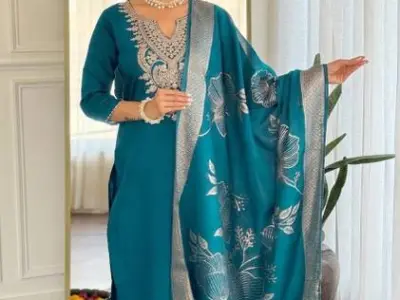 Earthliva Embroidered Kurta, Trouser/Pant & Dupatta Set