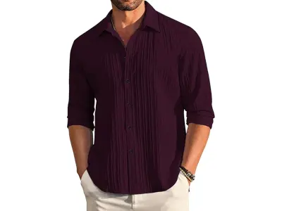 DEELMO Men's Casual Button Down Shirts Long Sleeve Linen Shirt Fashion Textured Beach Summer Sh