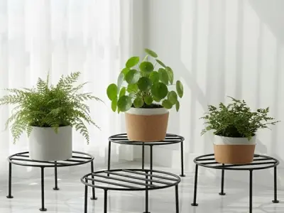 ORILEY 4 Pcs Round Plant Stand Galvanised Metal Flower Pot Holder Rust Resistant Gamla Support Corner Rack Outdoor Display Shelf for Home Garden Balcony Decoration (Black)
