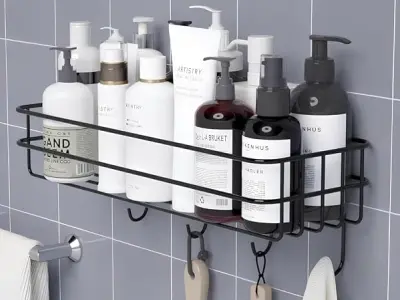 RERANT Self-Adhesive Bathroom Shelf with Hooks - Space-Saving Wall Mounted Shelf for Bathroom Essentials - Durable, No-Drill Required - Sleek Design. (Pack of 1)