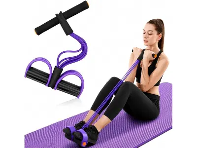 Yoga Pedal Puller Resistance Band with Foot Pedals, 4 Tube Natural Rubber Band for Home Workout