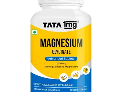 Tata 1mg Magnesium Glycinate Tablets |2000mg | High Absorption Chelated form for Muscle Recovery, Sleep & Nerve Health | 2000mg Per Serving – 60 Veg Tablets
