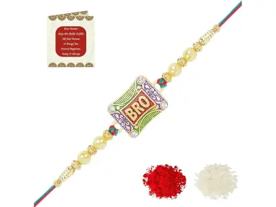 Riddhika Ventures Auspicious Gold Plated and Meenakari Brothers Rakhi With Roli Chawal And Gree