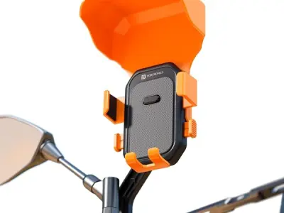 Portronics Mobike 5 Plus Mirror Mount Mobile Holder with Sunshade & Light Rain Protection, One-Press Release, 360° Rotation, 4-Point Grip Lock, Fits 5.4–6.7 Inch Smartphones, for M