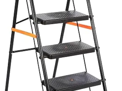 Amazon Basics Clamber - Foldable Step Ladder, Safety-Clutch Lock, Ribbed Steps, Knee Guard, Non-Marring PVC Shoes, 5 Steps (Steel, Black & Orange)