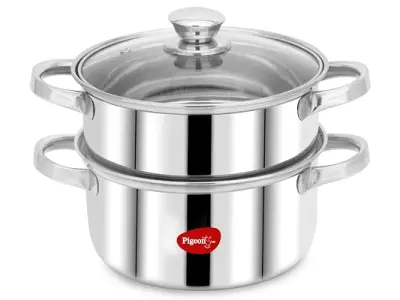 Pigeon By Stovekraft Steel X Steamer Stainless Steel Induction Base, Modak Maker/Momo Maker, Dual Compartment With Glass Lid, 4.6L Capacity, Silver, 4.6 litres